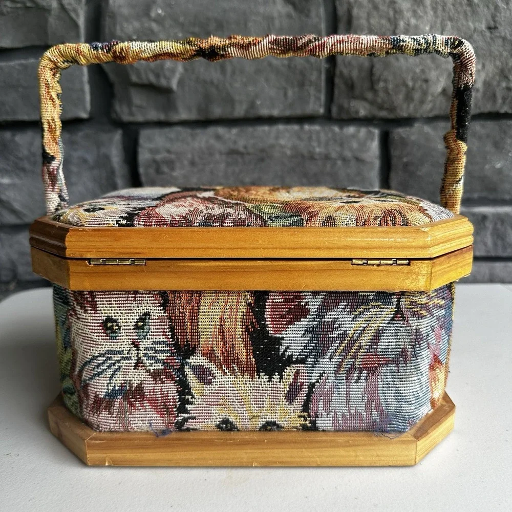 Vintage Cat Tapestry Sewing Basket Wood Frame & Handle Cottage Granny Whimsical